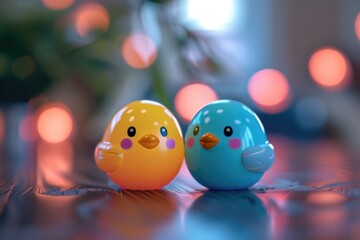 Two birds perched side by side on a table, possibly in a decorative or symbolic arrangement