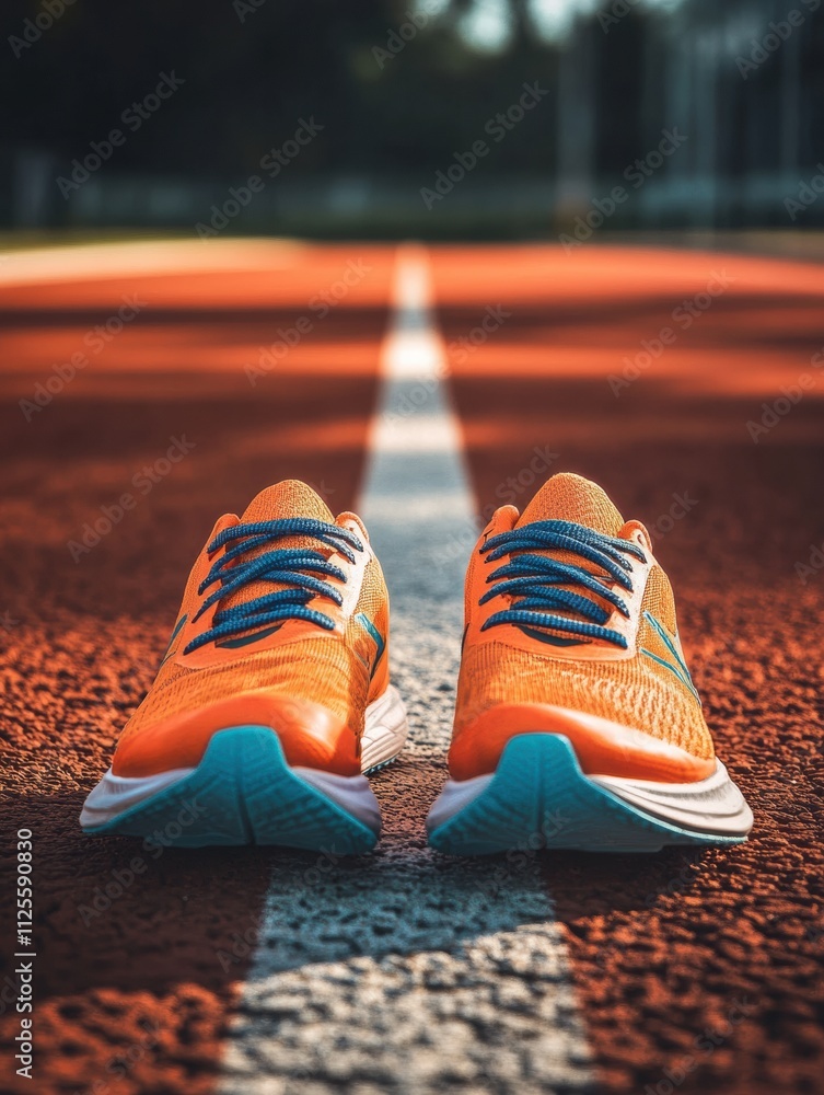 Fototapete Bright running shoes stand on a track, showcasing their color and design. The pattern of the track provides an ideal background for text placement. Generative AI