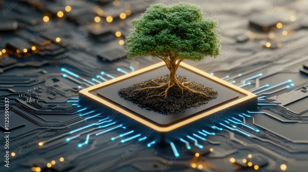 Poster tree growing from circuit board representing nature and technology