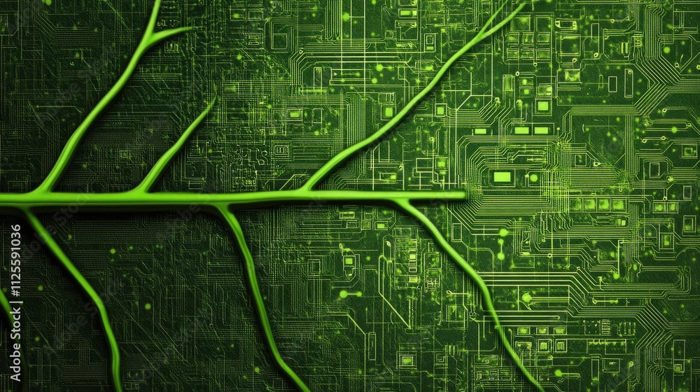Aufkleber green leaf design merging with technology circuit background