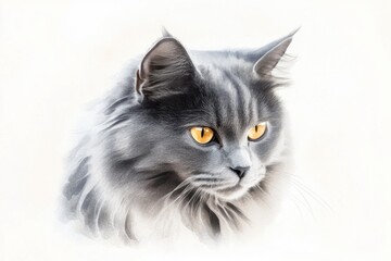 Obraz premium A gray cat sits on a white surface, its bright yellow eyes visible