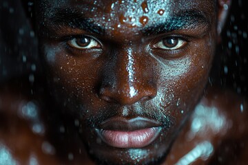 A close-up shot of a person's face with rain falling on it, great for use in scenes where someone is getting wet or has a melancholic mood