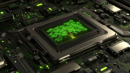 Fototapeta premium Green Tree Growing on Circuit Board in Digital Technology Concept