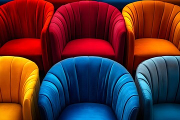 Obraz premium Trendy colors background of stylish velvet chairs in bright colors blue, red, orange. Comfortable armchairs