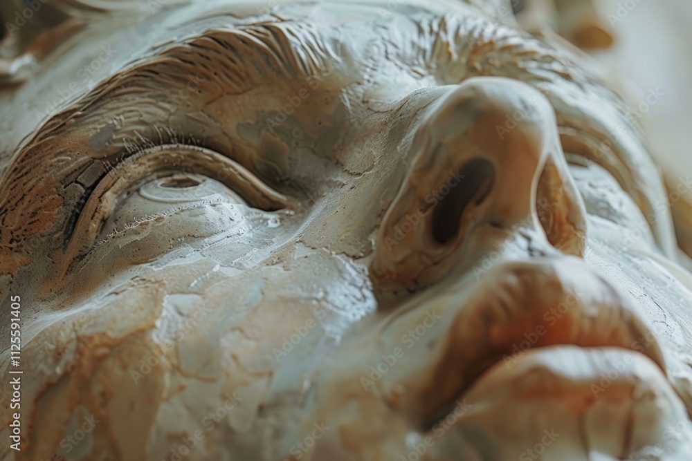 Poster a close-up view of a statue depicting a man's face, ideal for use in illustrations and designs