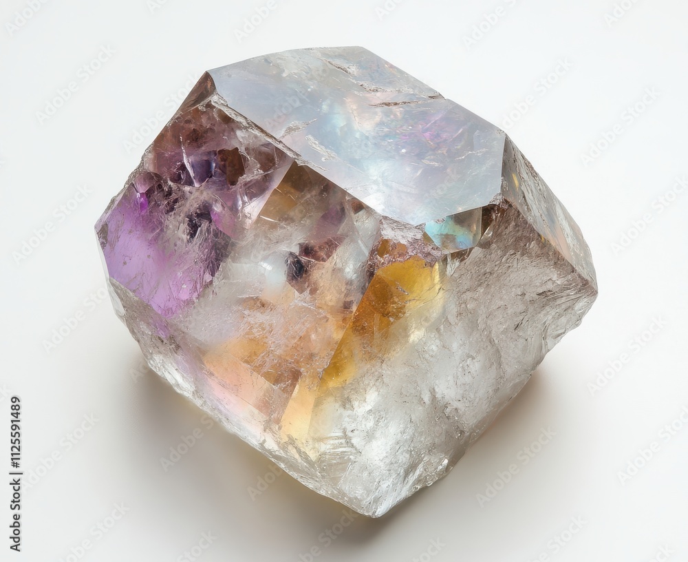 Poster stunning and colorful crystal with iridescent reflections and unique internal flaws on a light backg