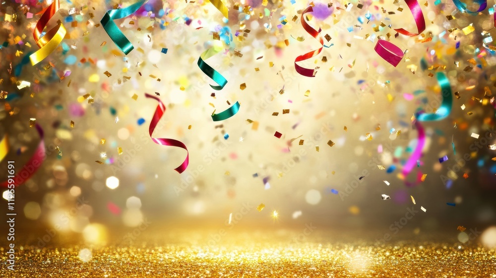 Poster vibrant confetti and curling ribbons cascade over a sparkling golden backdrop, setting a joyful tone