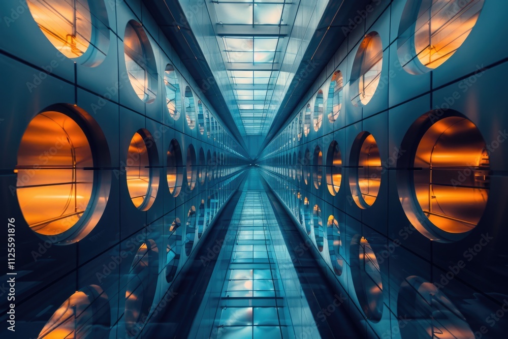 Poster a long corridor with many windows, suitable for use in architectural or interior design contexts