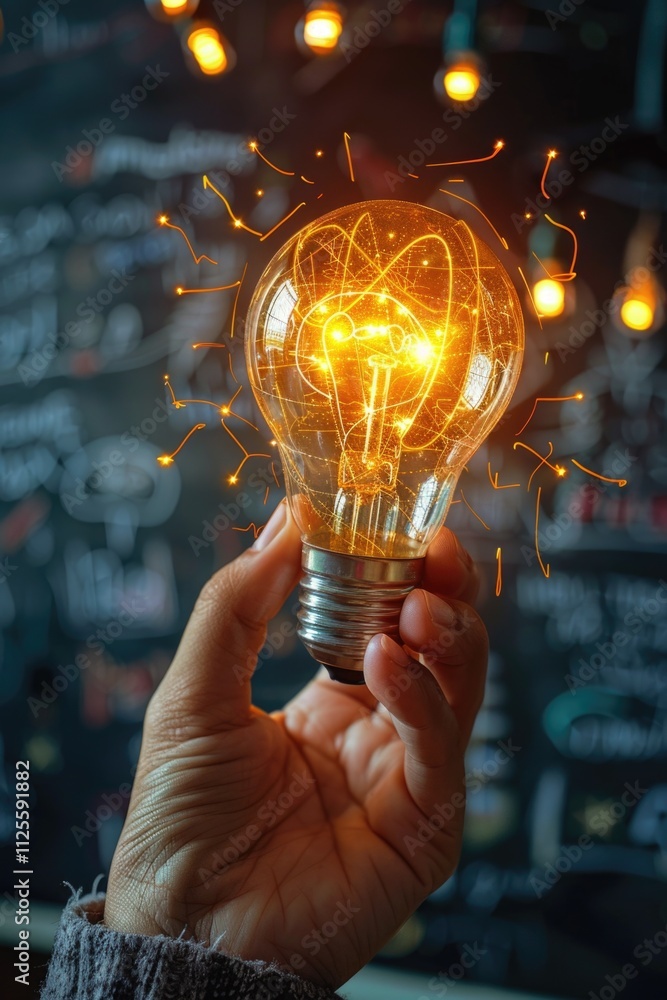 Poster a person holds a light bulb with a string of twinkling lights extending from it, great for illustrat