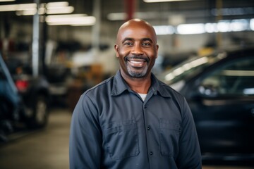 Obraz premium Portrait of a middle aged African American car mechanic in workshop