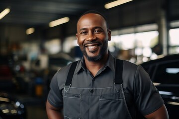 Obraz premium Portrait of a middle aged African American car mechanic in workshop