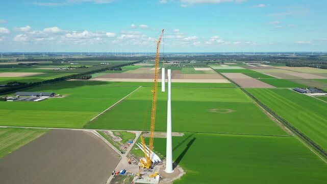 Aerial view of the construction of a windturbine, Flevoland, The Netherlands
