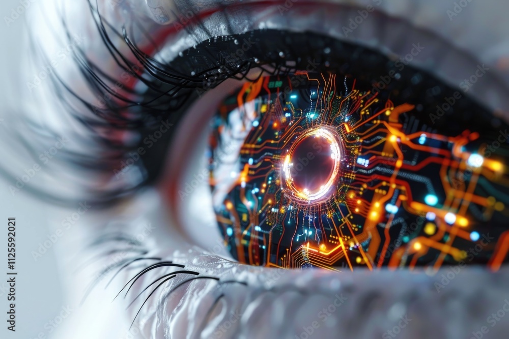 Poster Close-up of a human eye with a microchip-like circuit in the iris, suitable for futuristic or sci-fi themes