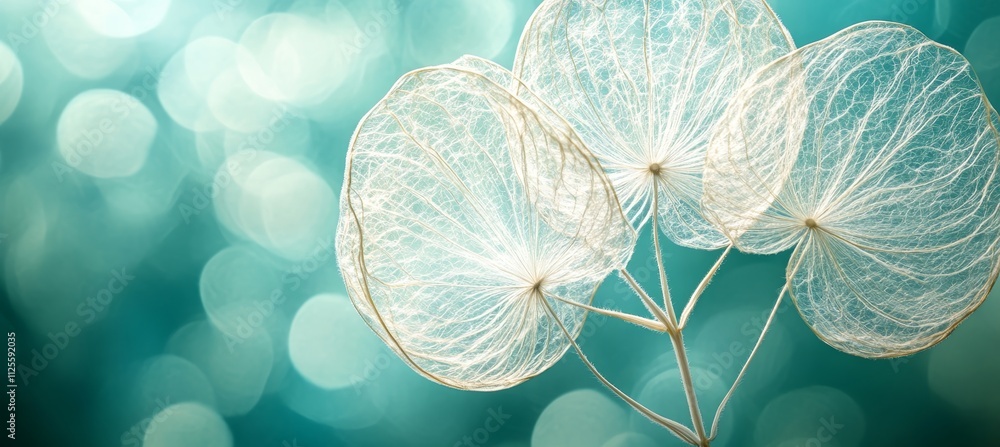 Poster delicate white dandelion seedhead structures against sparkling turquoise bokeh background