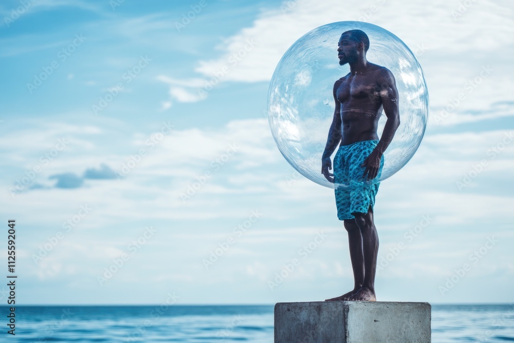 Poster a person standing on a concrete block overlooking the ocean, with the sun setting in the background