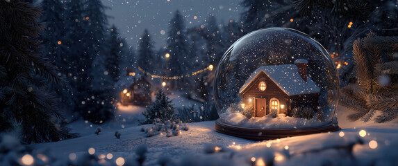 Naklejka premium A magical snow globe featuring a cozy house surrounded by glowing lights and falling snowflakes.