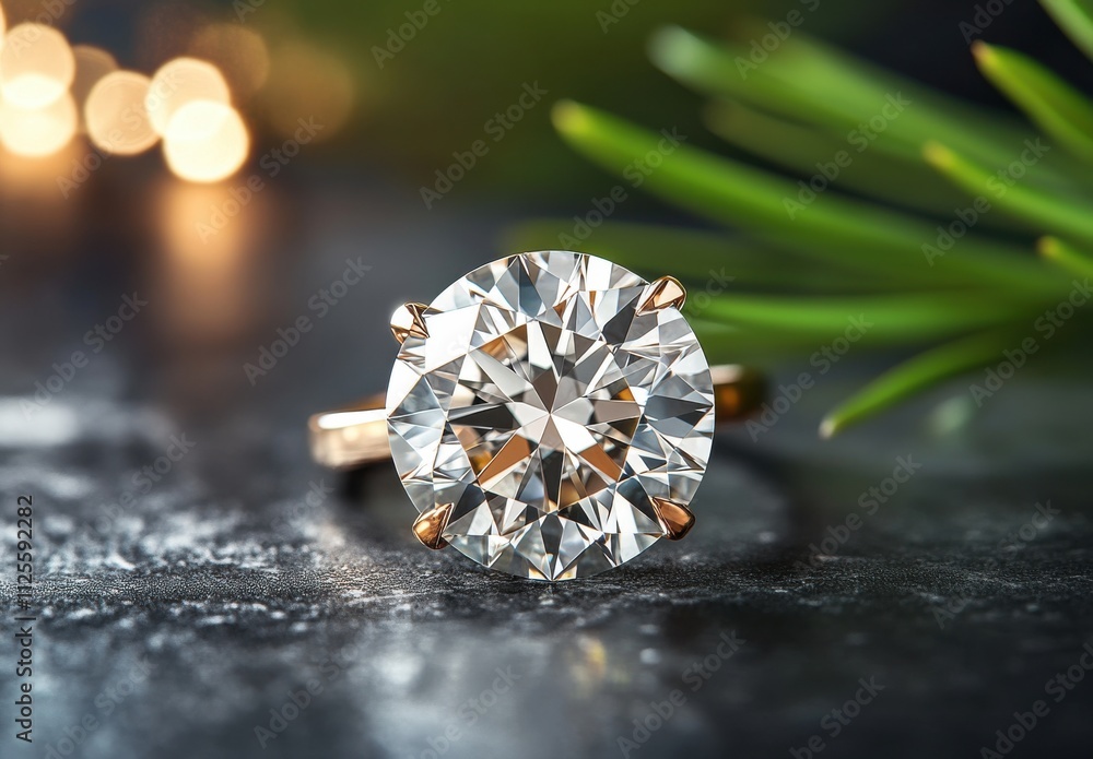Aufkleber stunning close-up of a sparkling diamond ring elegantly set on a dark stone surface with blurred gol