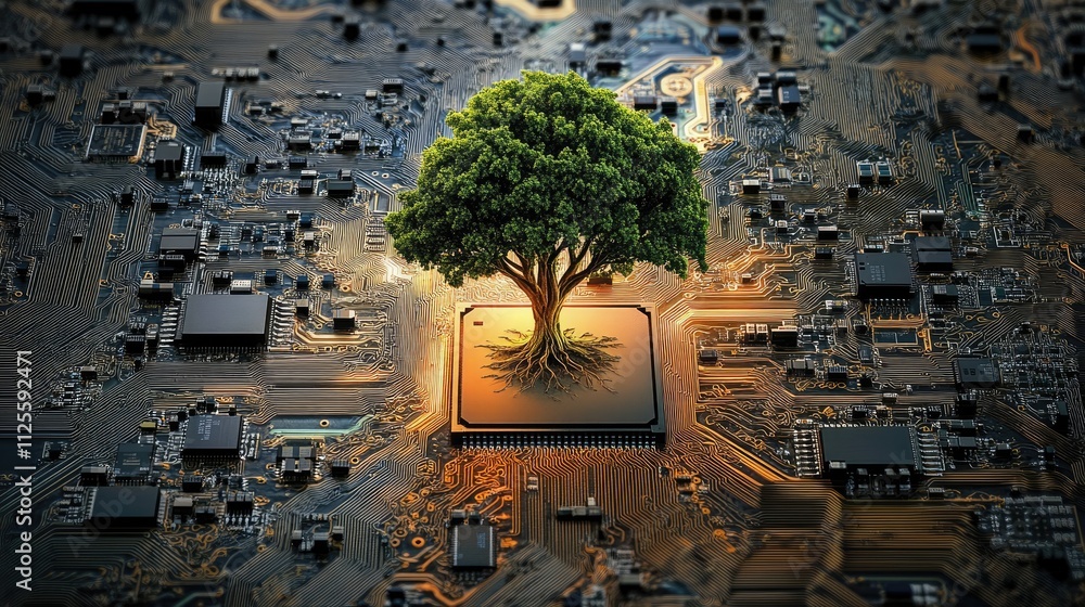 Poster tree growing from computer chip on circuit board background