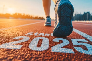 Runner at starting line of 2025 track race at sunrise: journey begins