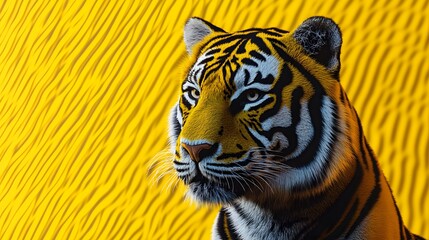 Obraz premium Tiger face with intricate detail and bold yellow background, showcasing artistic portrayal of wildlife in high resolution design