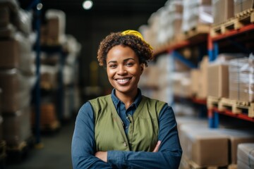 Fototapeta premium Portrait of a smiling African American female worker at factory