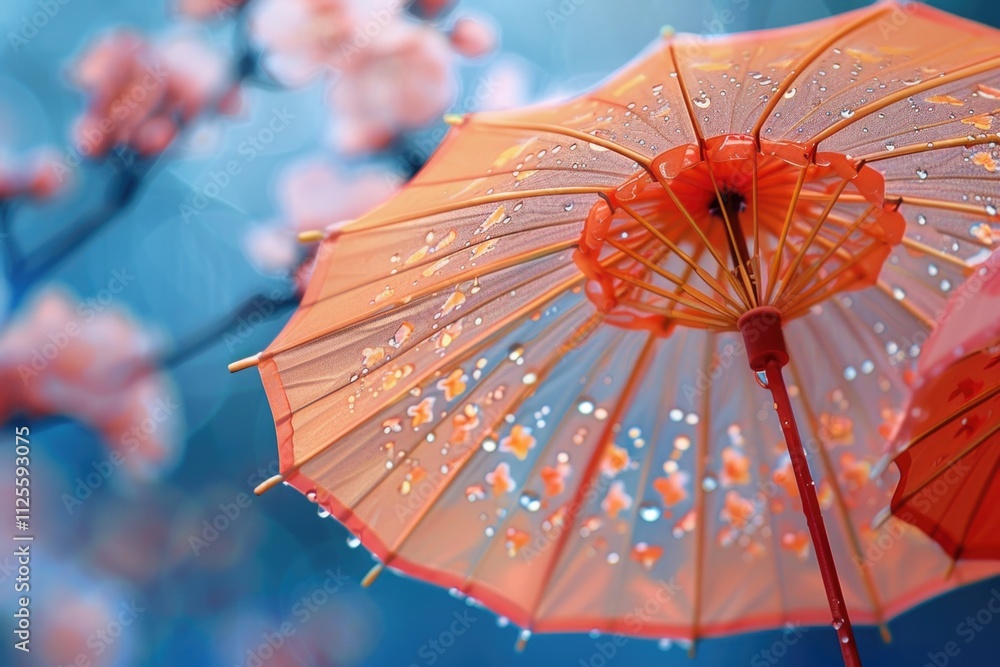 Poster A close-up view of an umbrella covered in water droplets, perfect for use as a symbol or metaphor in various contexts