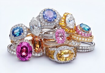 Stunning Collection of Elegant Rings Featuring Various Colorful Gemstones and Brilliant Diamonds Showcased on a White Background for Luxurious Jewelry Display
