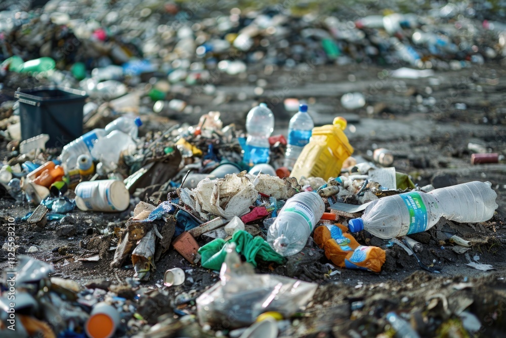 Poster a pile of garbage next to a trash can, perfect for use in scenes related to waste management or envi