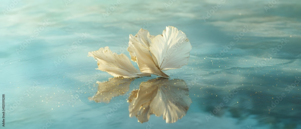 Poster delicate white petals floating on a serene, reflective surface, creating a tranquil atmosphere.