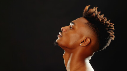 A profile shot of an Afro American man gazing upwards, reflecting on dreams and aspirations against a dark backdrop.