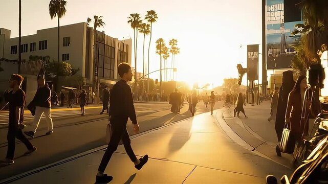 Cinematic crew capturing a sunset scene with film equipment, vibrant atmosphere.