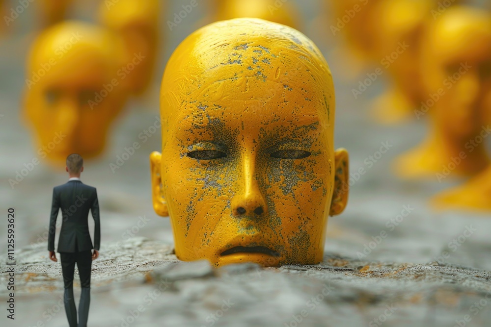 Poster a person stands in front of a bright yellow sculpture, providing a pop of color and visual interest