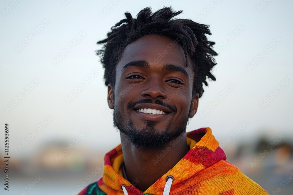 Poster a person with dreadlocks smiling at the camera in a casual setting