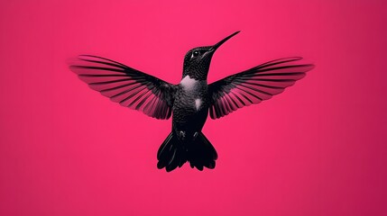 Obraz premium Hummingbird in flight with delicate wings spread wide against a vivid pink backdrop
