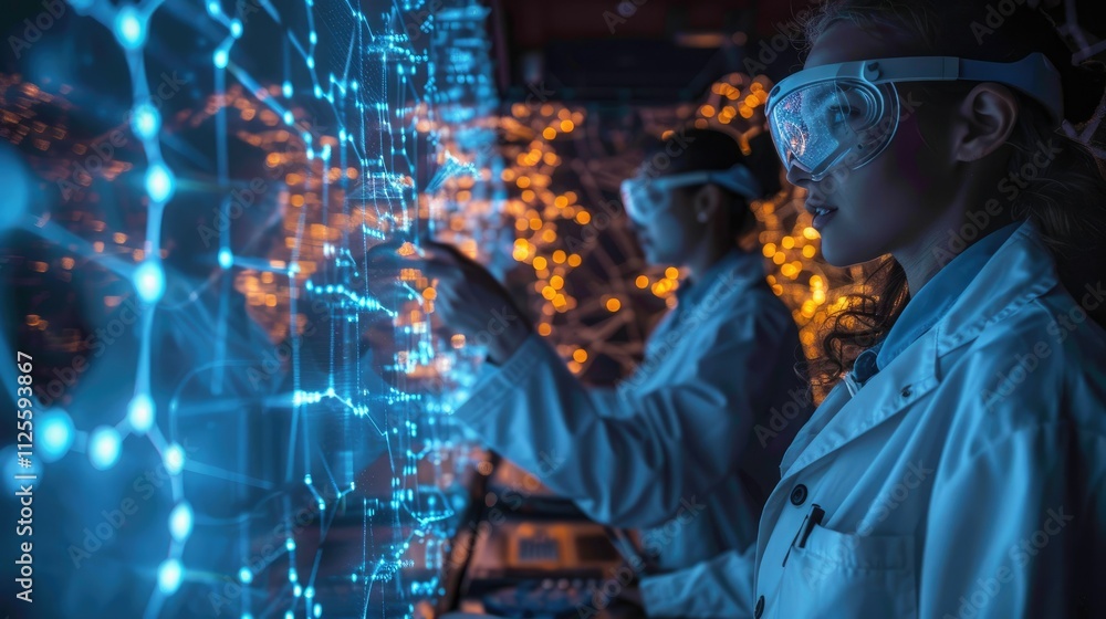 Poster scientists collaborate, analyzing interactive data on a large screen.