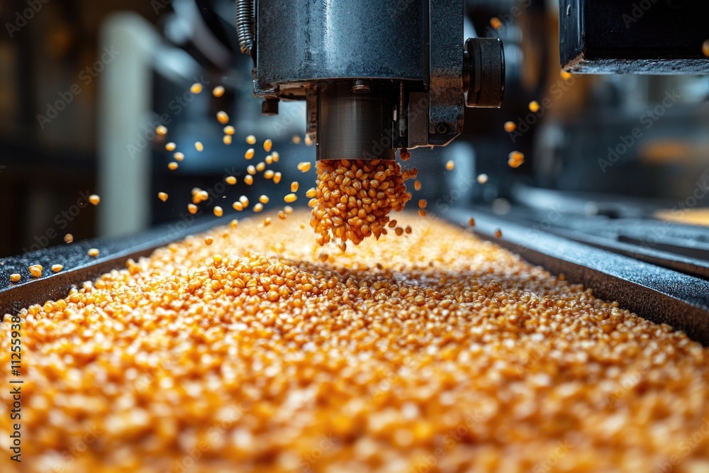 Poster machine processing corn on conveyor belt