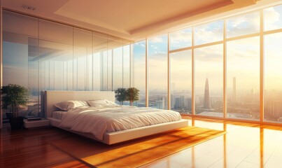 spacious master bedroom with a king-size bed floor-to-ceiling windows and modern decor luxury interior