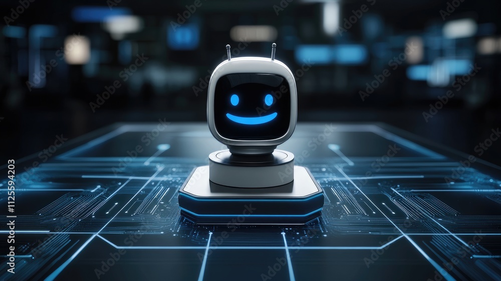 Poster friendly robot character on circuit board in futuristic setting