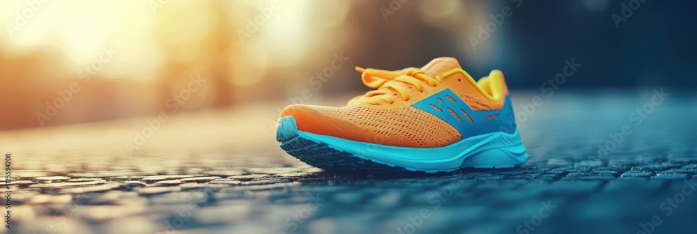 Leinwandbilder brightly colored running shoes sit on a track awaiting action, illuminated by warm evening light in 