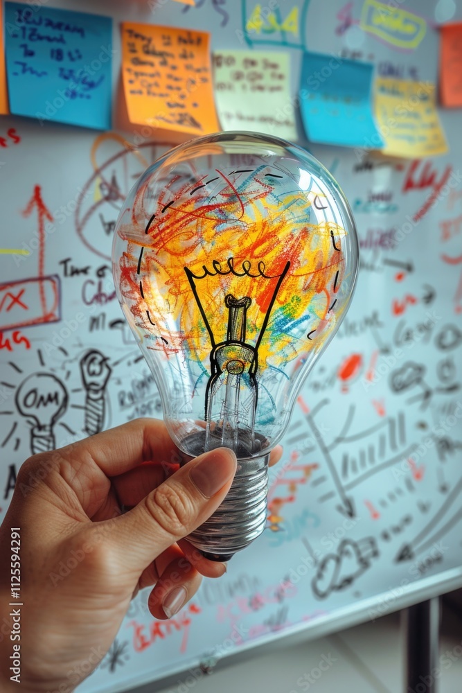 Poster a person is depicted holding a light bulb with a creative drawing or design on it, suitable for use 
