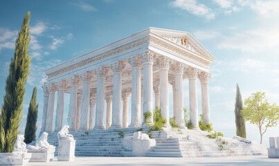 Fototapeta premium traditional Greek temple with white marble columns and intricate carvings against a clear blue sky historical architecture