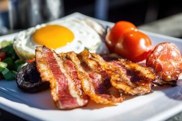 A delicious breakfast meal on a clean white plate, topped with crispy bacon and scrambled eggs