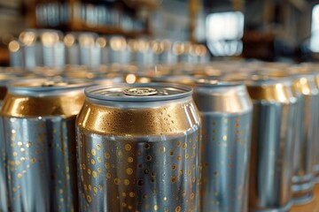 A collection of soda cans arranged on a table, suitable for use in food or drink related concepts