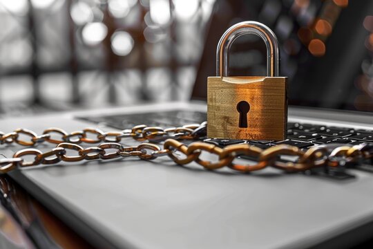 A person secures their laptop with a padlock and chain for added protection