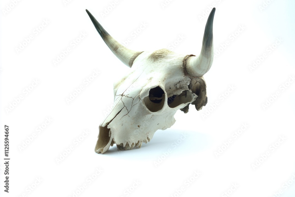 Poster a cow skull with distinctive horns displayed on a clean white background