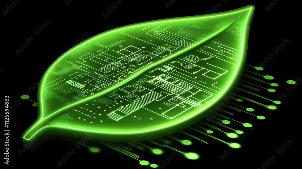 Aufkleber green leaf with digital circuit patterns on black background
