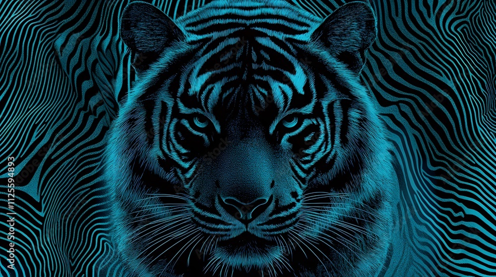 Poster tiger front portrait with glowing blue neon and abstract linear patterns emphasizing wild nature and