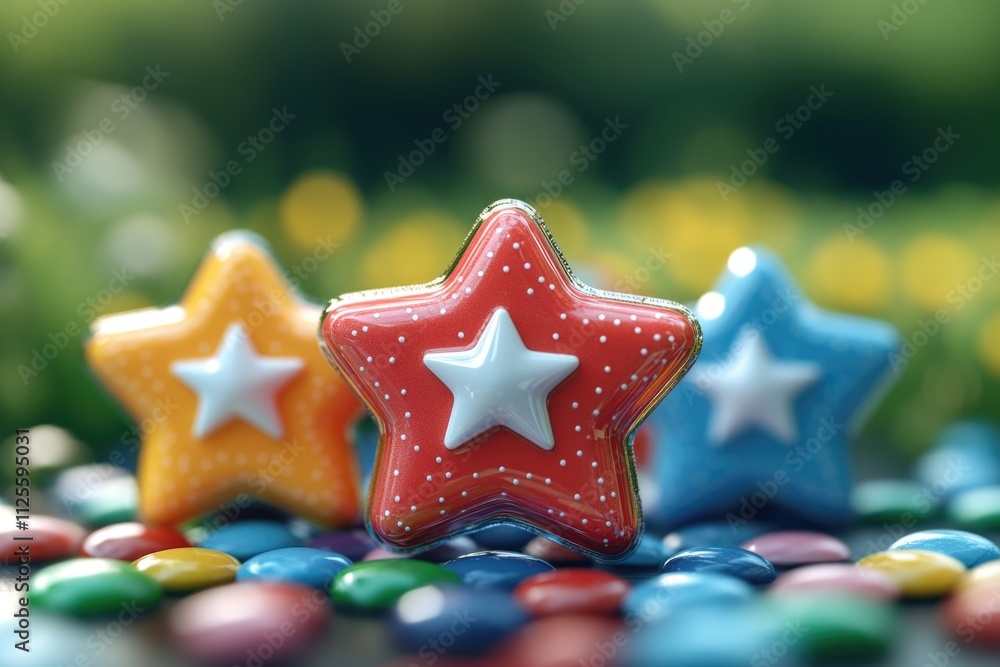 Poster a close-up view of three shining stars on a table, perfect for use in educational or decorative cont