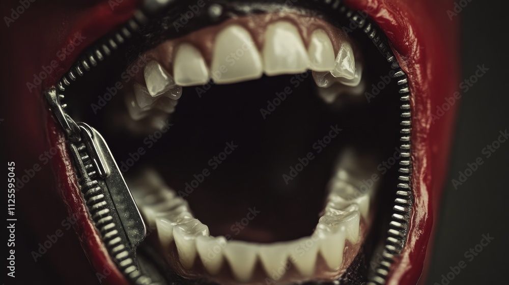 Poster a close-up shot of a mouth with a pair of scissors inside, perfect for representing cutting words or