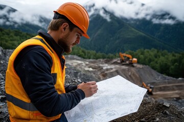 A dedicated construction worker closely examines a map while surrounded by machinery, conveying the importance of planning in achieving successful project outcomes.